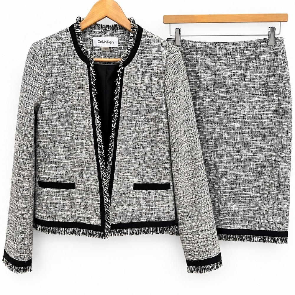 Calvin Klein Womens Tweed Fringe Skirt Suit Set Metallic Size 10 Office Preppy